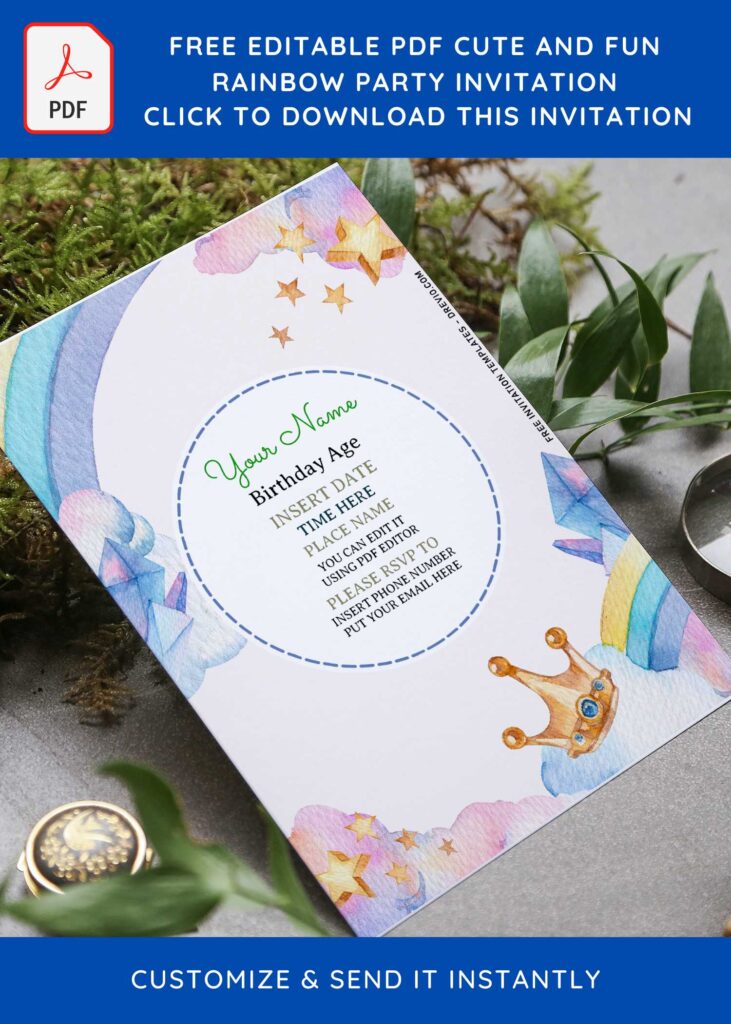 (Free Editable PDF) Simply Cute Watercolor Rainbow Party Invitation Templates