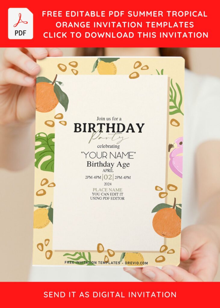 (Free Editable PDF) Cute Fresh Orange Birthday Invitation Templates with pale yellow background