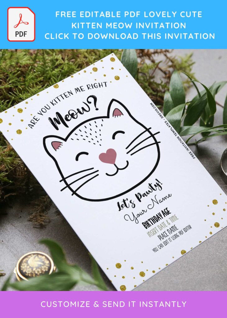 (Free Editable PDF) Lovely Cute Kitten Meow Birthday Invitation Templates with glitter gold sparkles