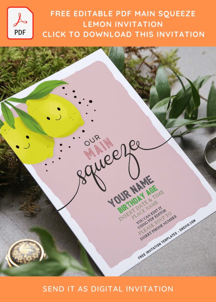 (Free Editable PDF) Cute Main Squeeze Lemon Invitation Templates with watercolor background