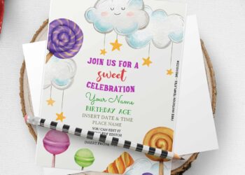 (Free Editable PDF) Fun Rainbow Candy Land Birthday Invitation Templates with watercolor fluffy clouds