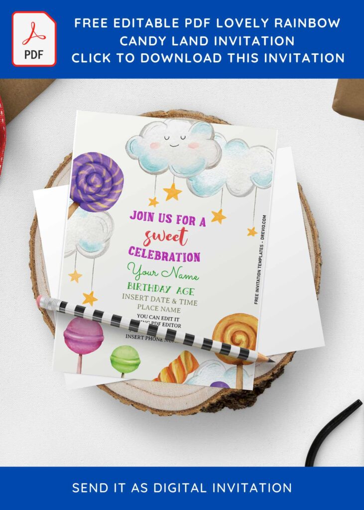 (Free Editable PDF) Fun Rainbow Candy Land Birthday Invitation Templates with watercolor fluffy clouds