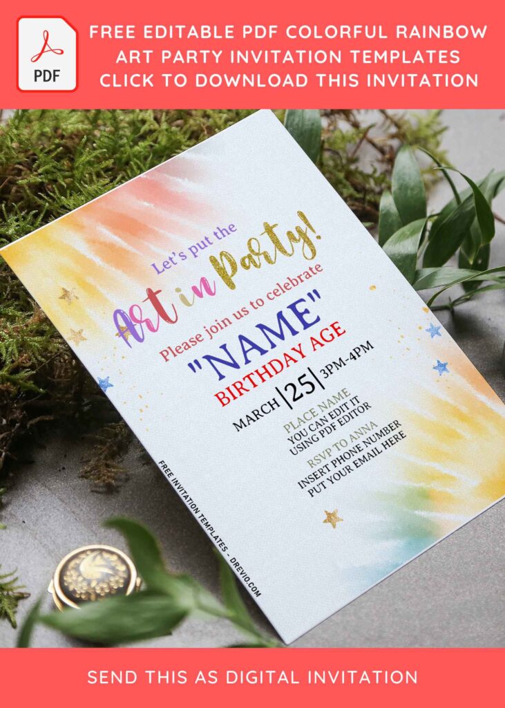(Free Editable PDF) Colorful Tie Dye Art Party Invitation Templates with beautiful rainbow tie dye background