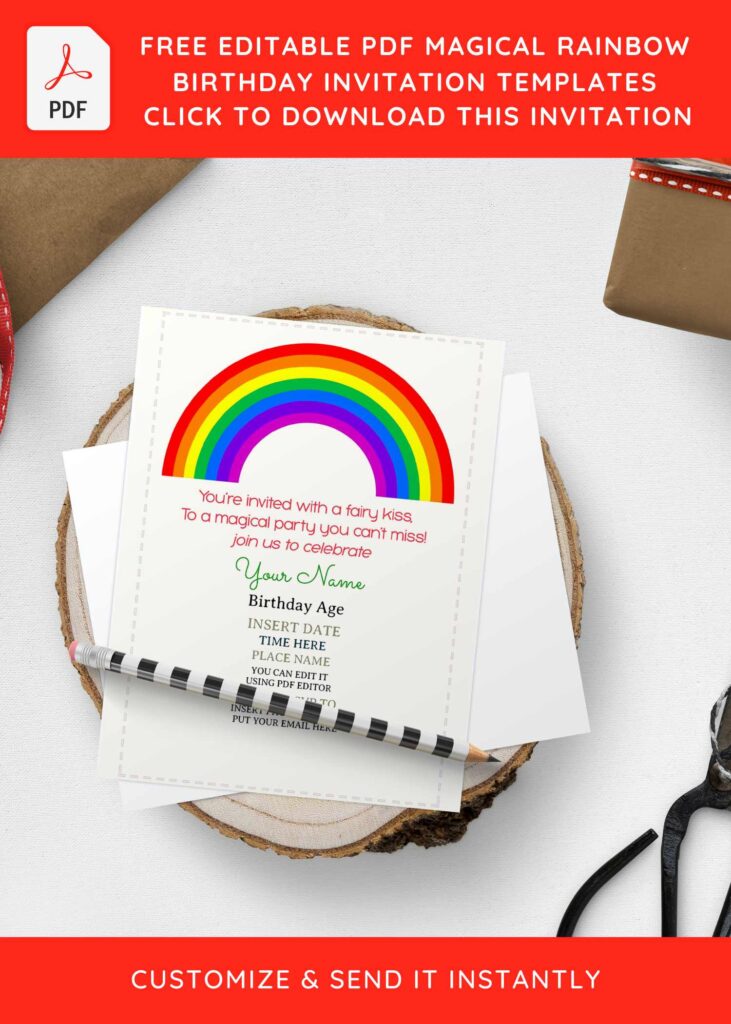 (Free Editable PDF) Magical Rainbow Kids Birthday Invitation Templates with colorful rainbow