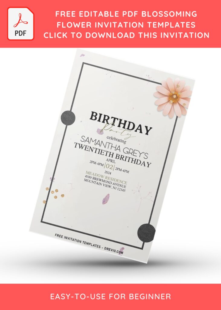 (Free Editable PDF) Modest Blossoming Floral Birthday Invitation Templates with edgy text frame