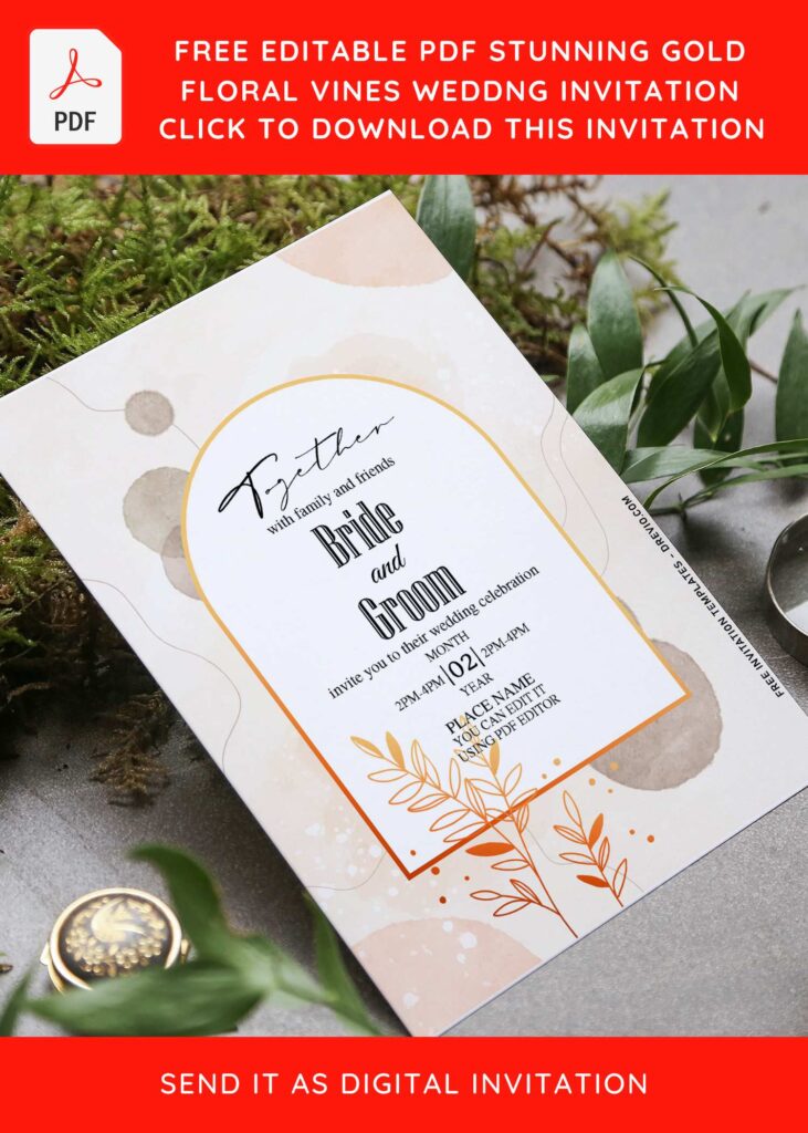 (Free Editable PDF) Stunning Gold Floral Vines Wedding Invitation Templates with rustic background