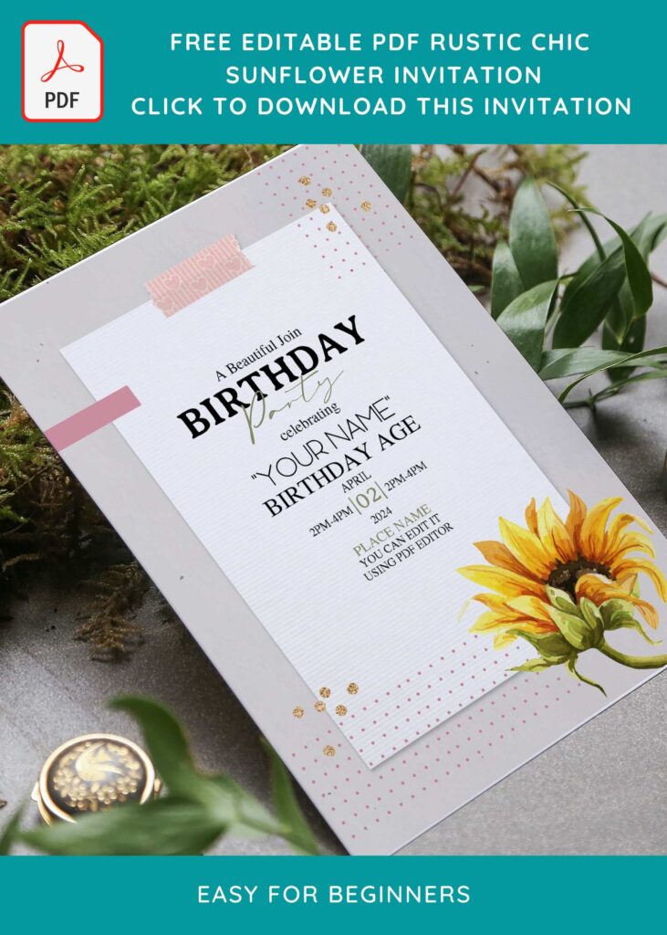 (Free Editable PDF) Modern Chic Sunflower Birthday Invitation Templates with adorable pink tape