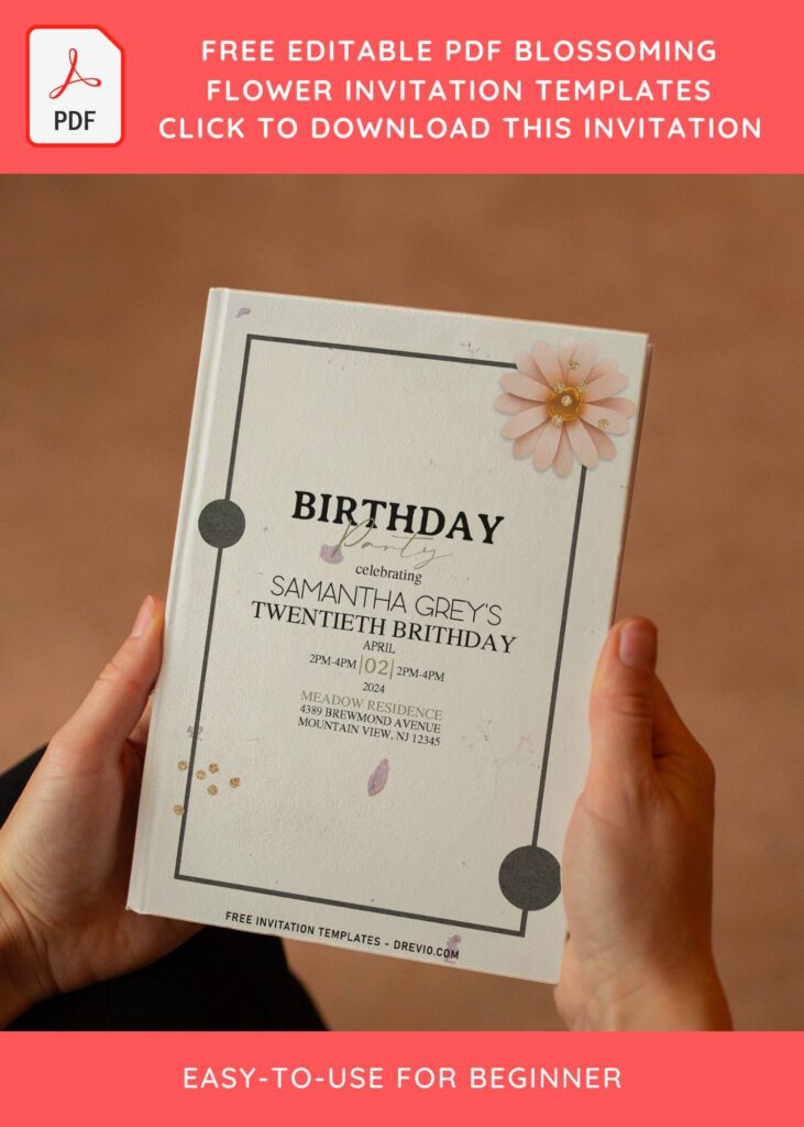 (Free Editable PDF) Modest Blossoming Daisy Birthday Invitation Templates with rustic background