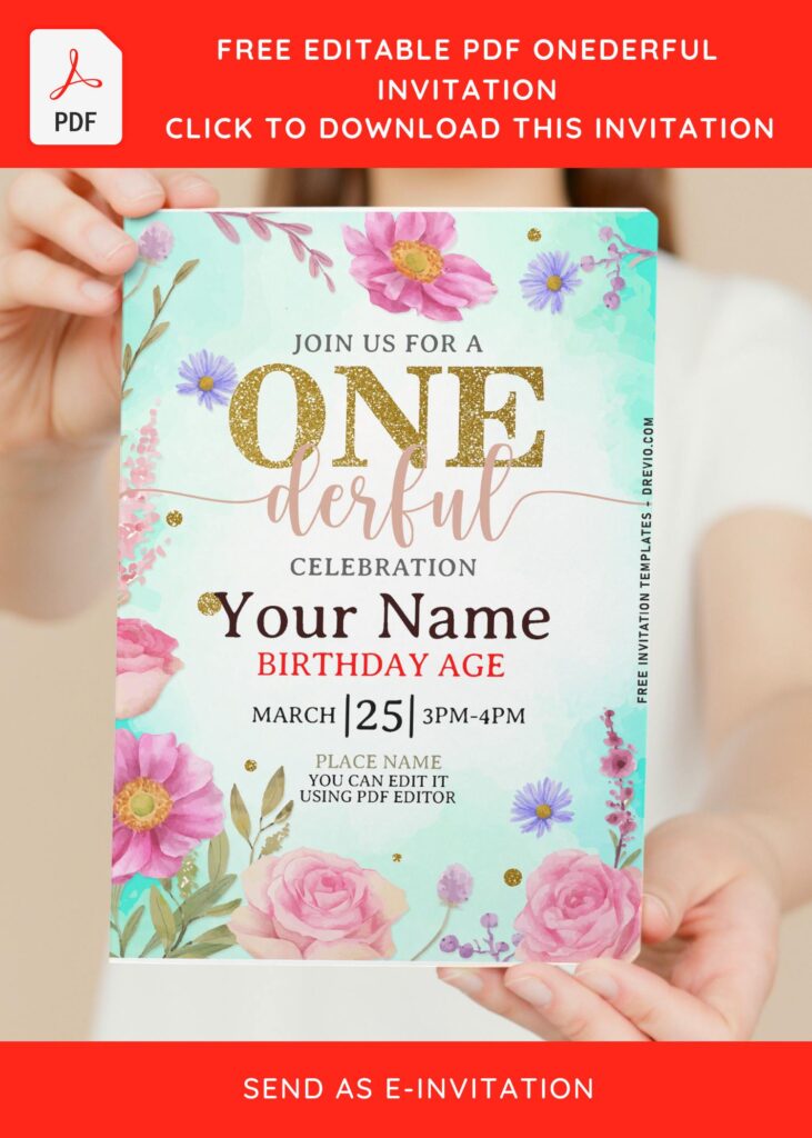 (Free Editable PDF) Enchanted Spring Flowers Onederful Invitation Templates with blush pink rose