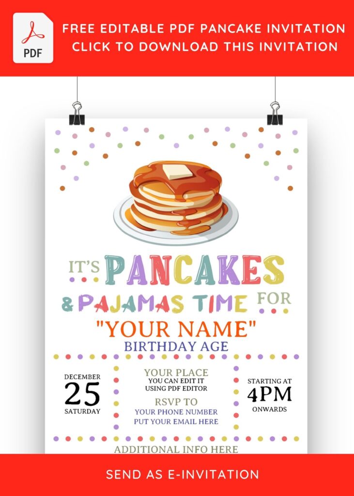 (Free Editable PDF) Colorful Pancake & Pajama Birthday Invitation Templates with 