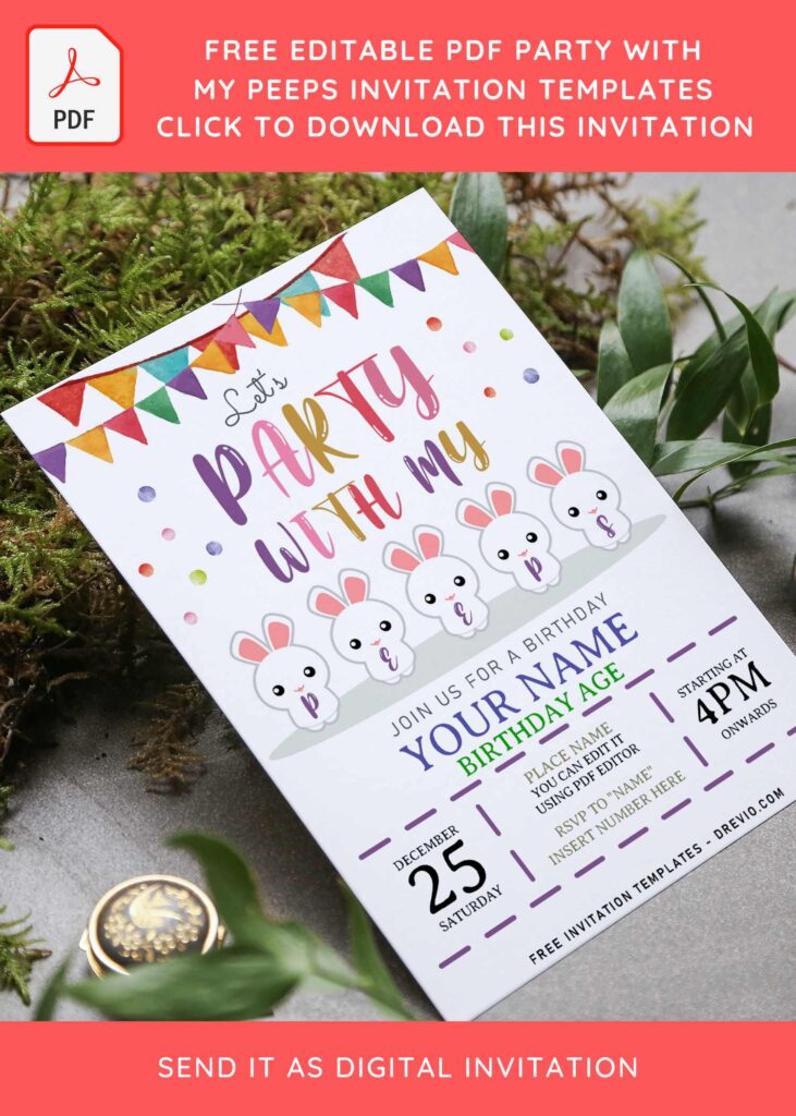 (Free Editable PDF) Lovely Party With My Peeps Kids Birthday Invitation with cute little bunnies