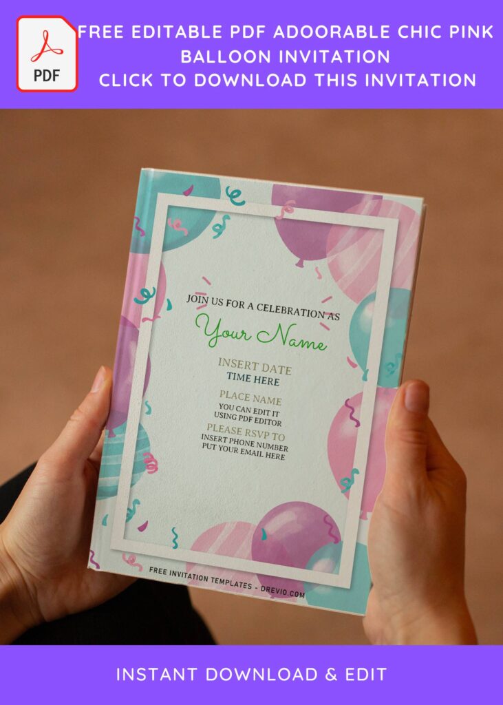 (Free Editable PDF) Cute Pink Watercolor Balloon Birthday Invitation Templates
