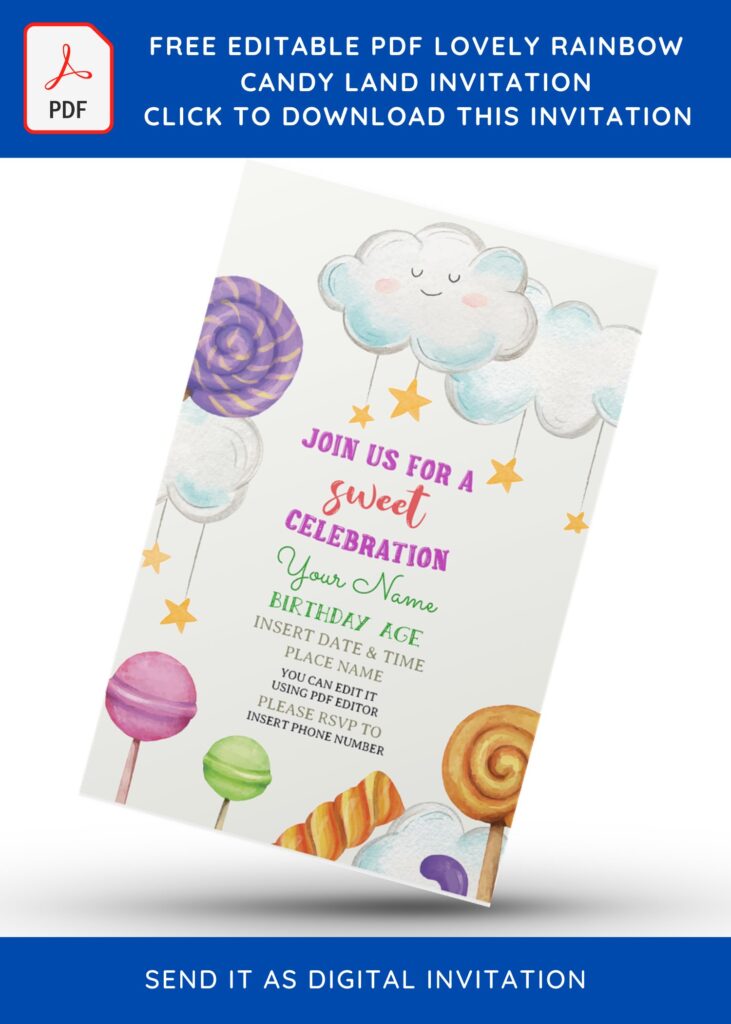 (Free Editable PDF) Fun Rainbow Candy Land Birthday Invitation Templates with blue lollipop candy