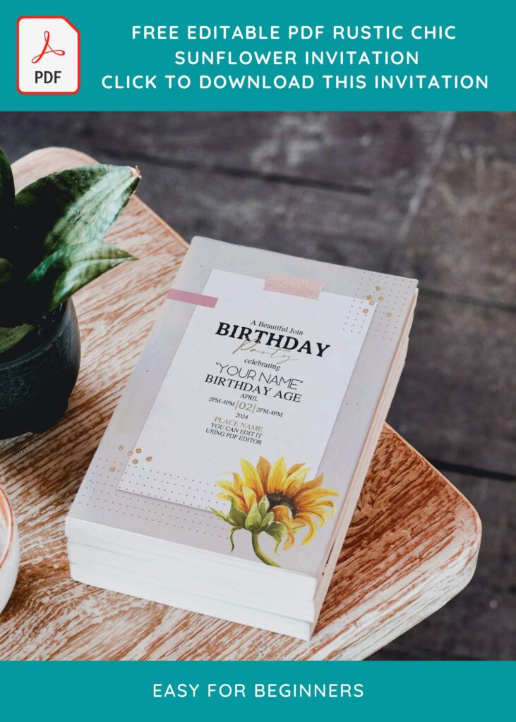 (Free Editable PDF) Modern Chic Sunflower Birthday Invitation Templates with watercolor sunflower