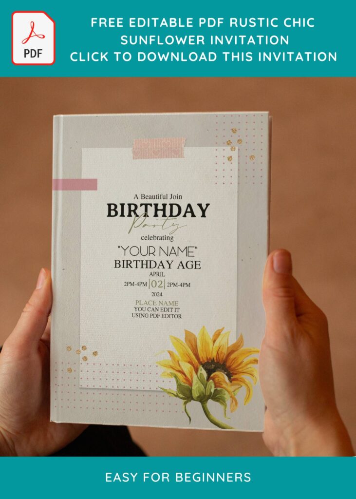 (Free Editable PDF) Modern Chic Sunflower Birthday Invitation Templates with paper like text box