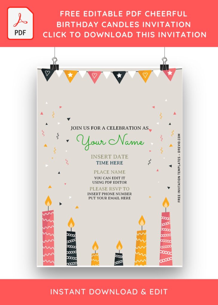 (Free Editable PDF) Cheerful Birthday Candles Birthday Invitation Templates with colorful candle