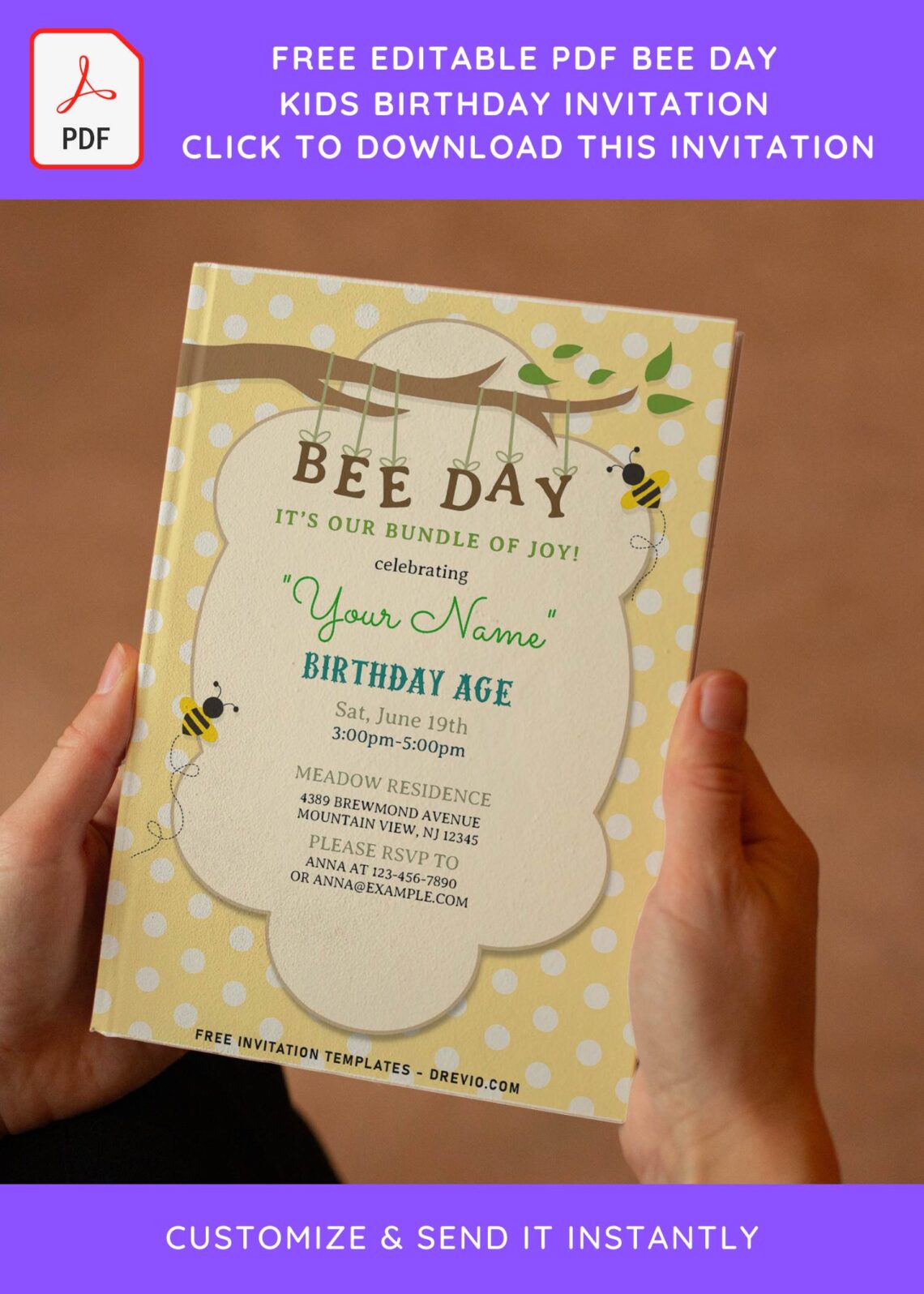 (Free Editable PDF) Happy Bee Day Birthday Invitation Templates with cute bees