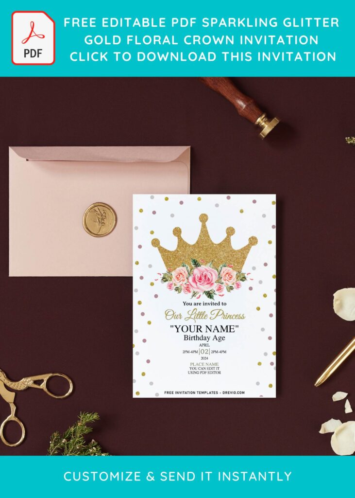 (Free Editable PDF) Sparkling Glitter Gold Floral Crown Invitation Templates with gold sparkles