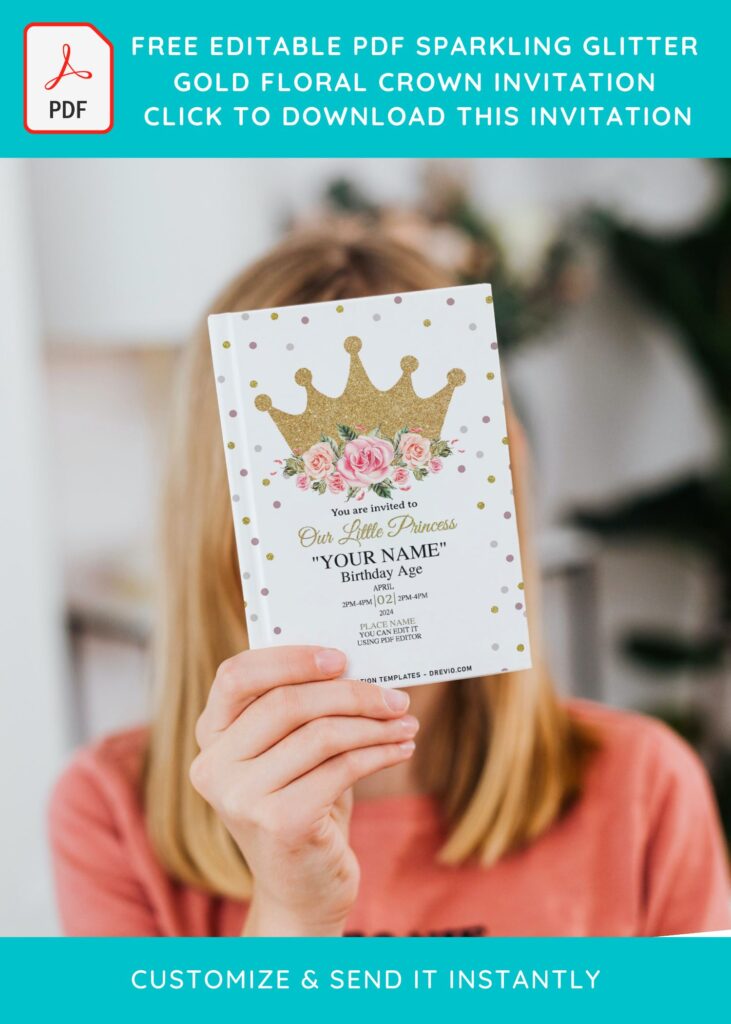 (Free Editable PDF) Sparkling Glitter Gold Floral Crown Invitation Templates