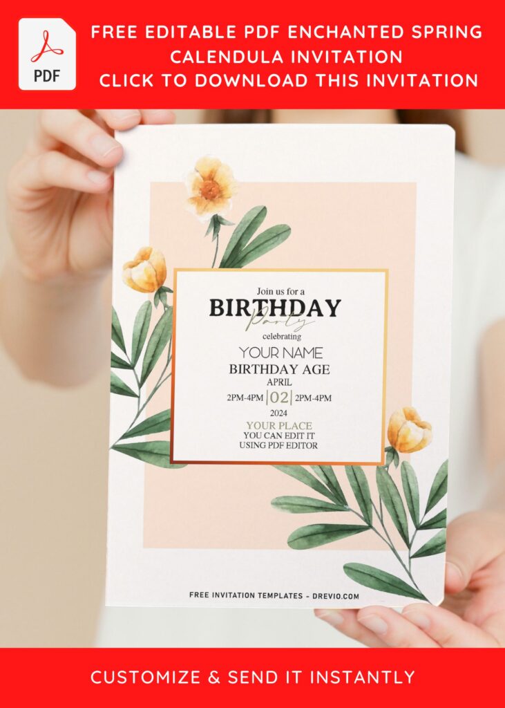 (Free Editable PDF) Delicate Spring Calendula Flower Invitation Templates with white and yellow background