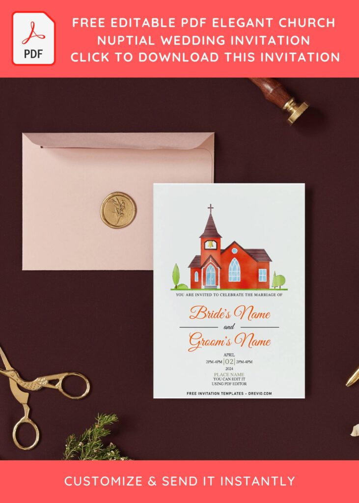 (Free Editable PDF) Beautiful Church Wedding Invitation Templates with beautiful red church