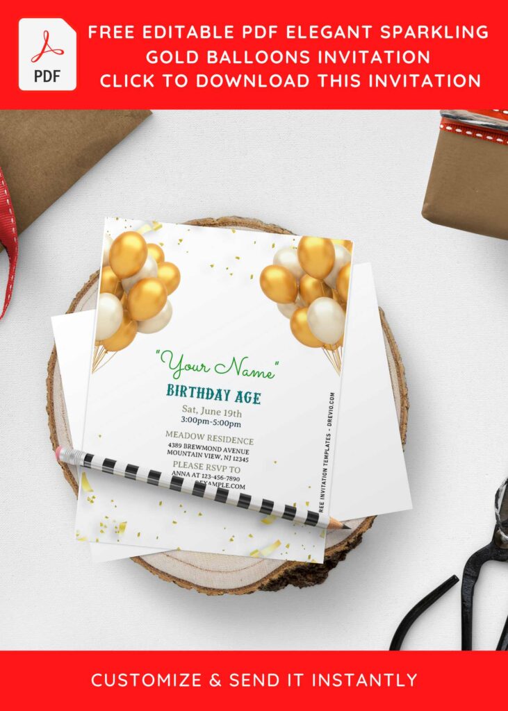 (Free Editable PDF) Elegant Sparkling Gold Balloons Invitation Templates with gold confetti
