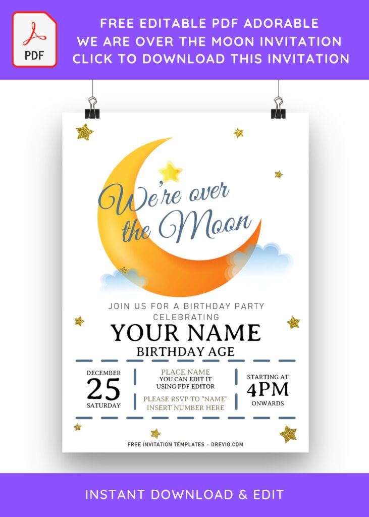 (Free Editable PDF) We Are Over The Moon Birthday Invitation Templates with white background