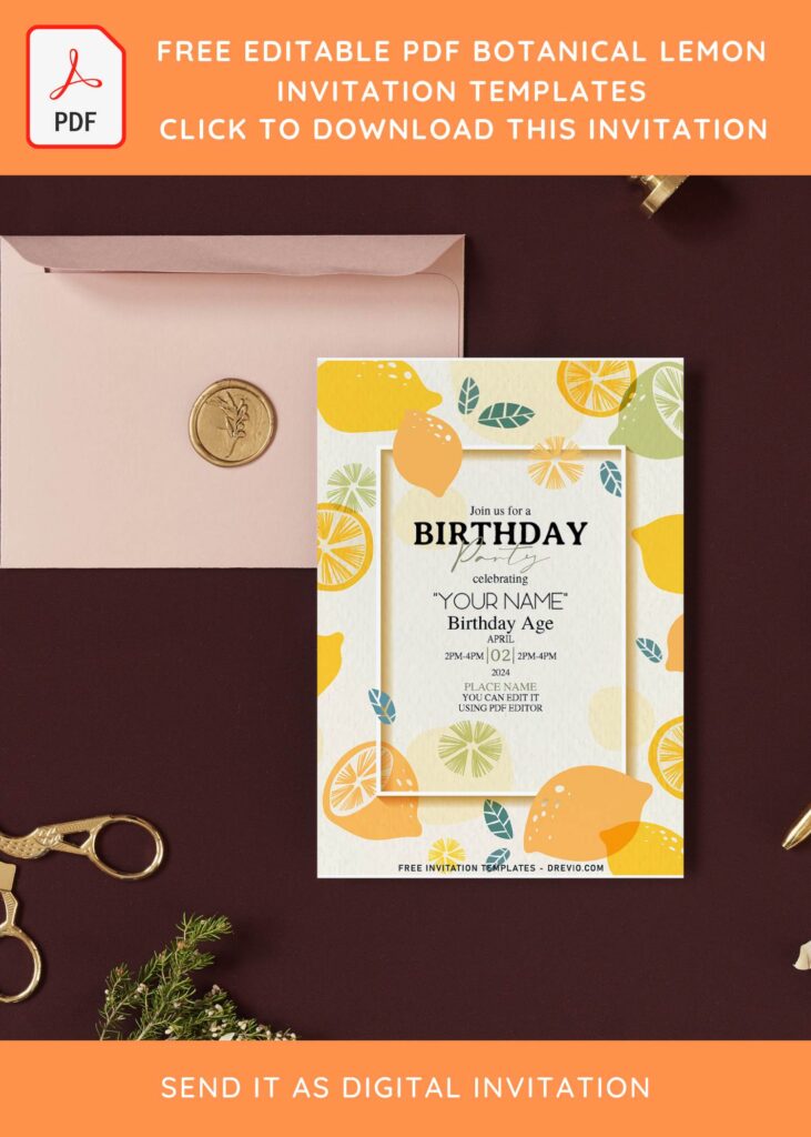 (Free Editable PDF) Botanical Lemon Fruit Birthday Invitation Templates with fresh lemon