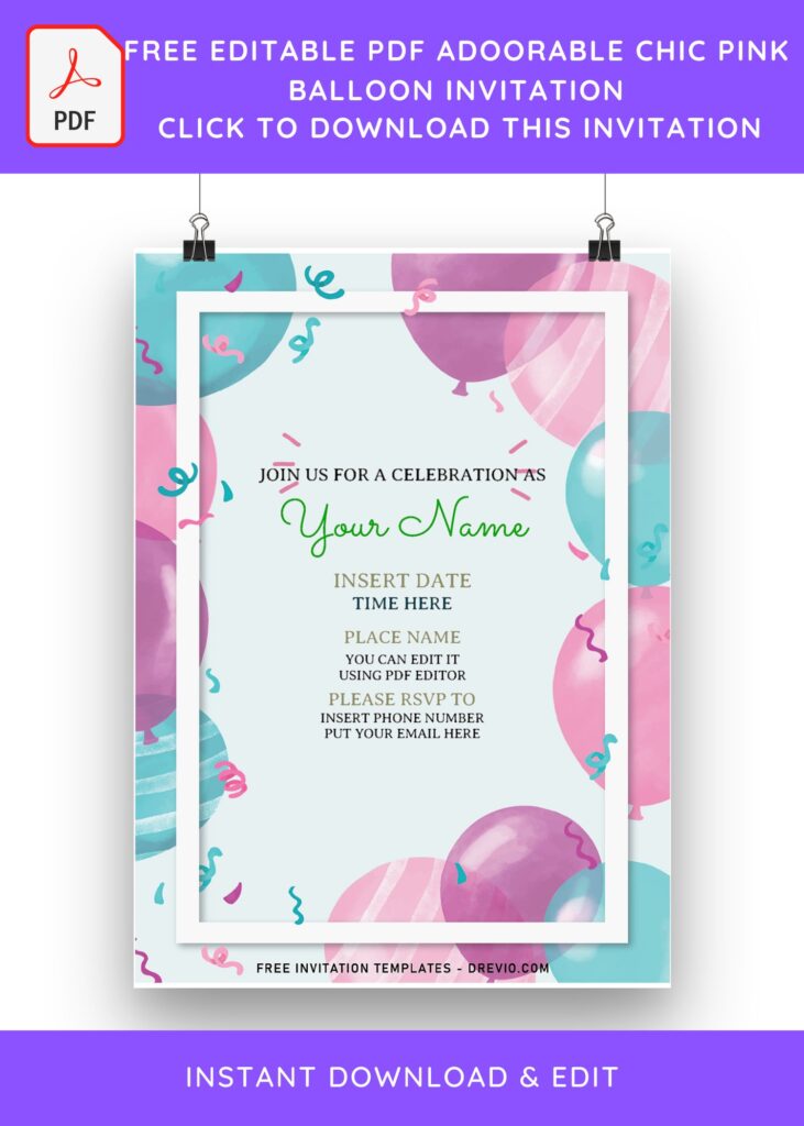 (Free Editable PDF) Cute Pink Watercolor Balloon Birthday Invitation Templates with watercolor balloons