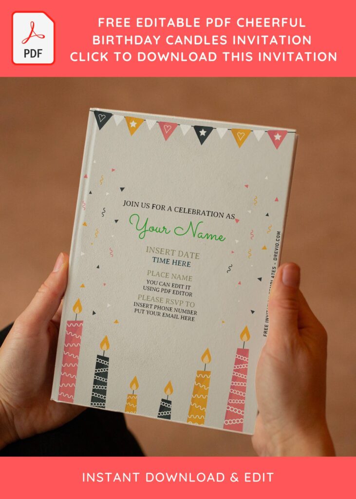 (Free Editable PDF) Cheerful Birthday Candles Birthday Invitation Templates with bunting flag