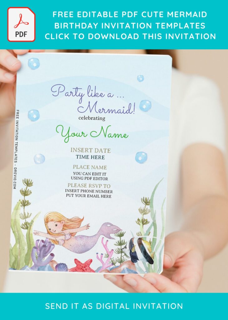 (Free Editable PDF) Cute Party Like A Mermaid Kids Birthday Invitation Templates with coral and reef