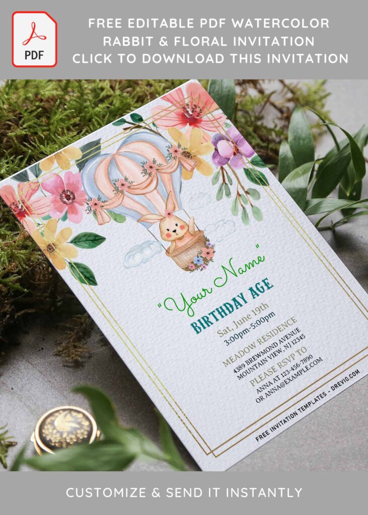 (Free Editable PDF) Lovely Cute Rabbit & Floral Birthday Invitation Templates with blush floral decorations