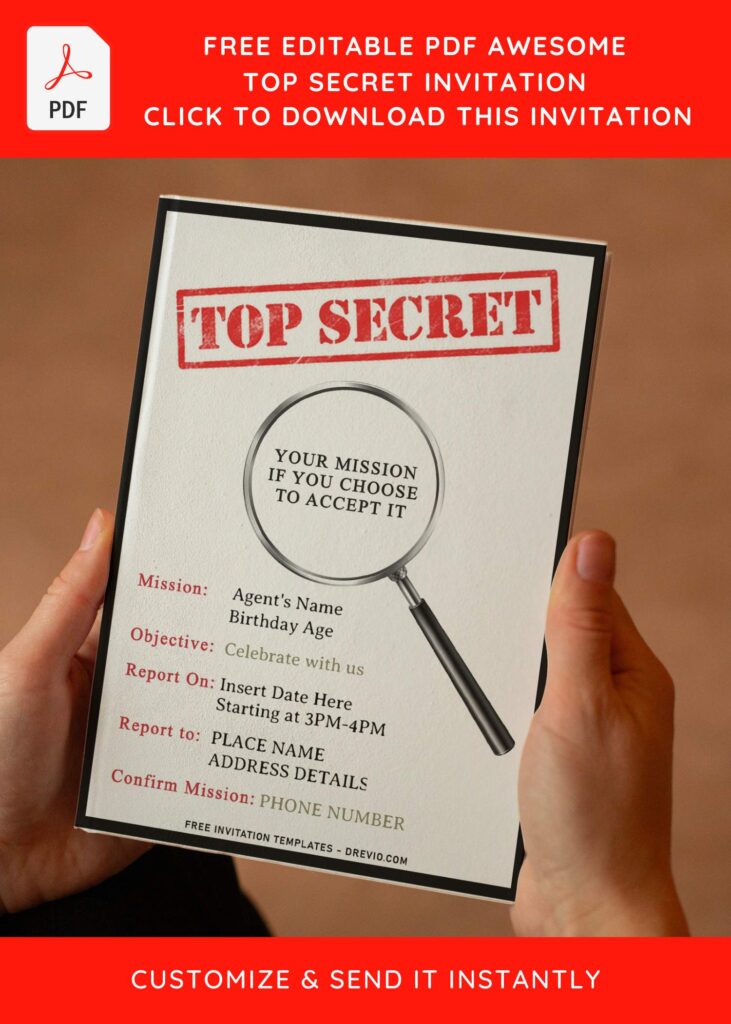 (Free Editable PDF) Top Secret X-File Themed Birthday Invitation Templates with top secret confidential stamp