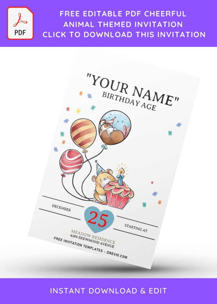 (Free Editable PDF) Cheerful Animal Themed Birthday Invitation Templates with colorful confetti