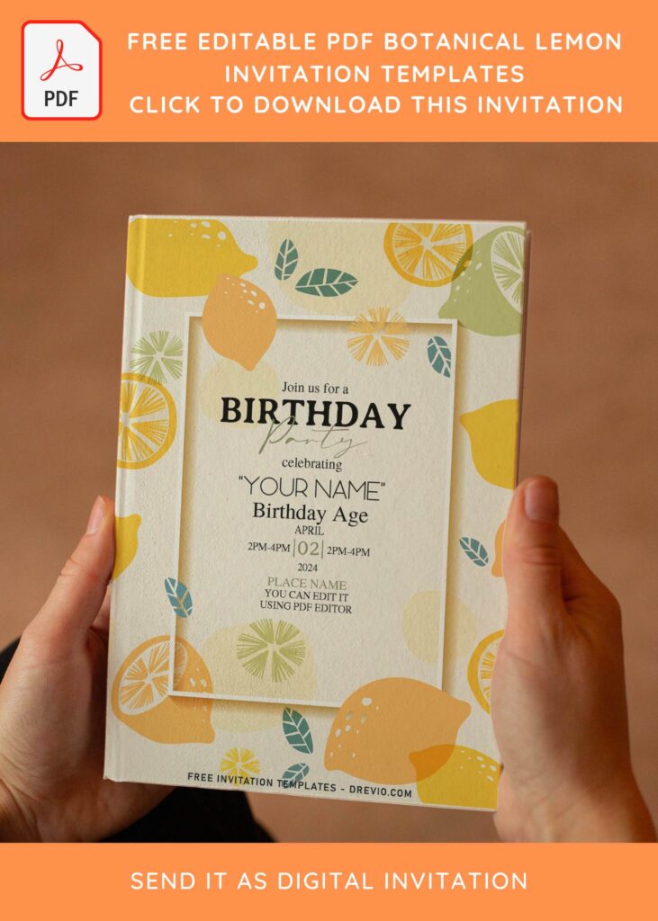 (Free Editable PDF) Botanical Lemon Fruit Birthday Invitation Templates with cute leaf