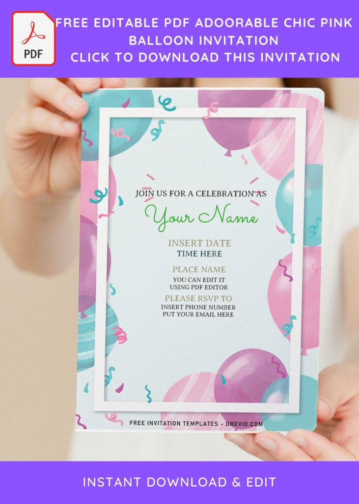 (Free Editable PDF) Cute Pink Watercolor Balloon Birthday Invitation Templates with white background
