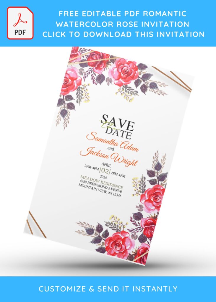 (Free Editable PDF) Romantic Rose Save The Date Invitation Templates with geometric frame