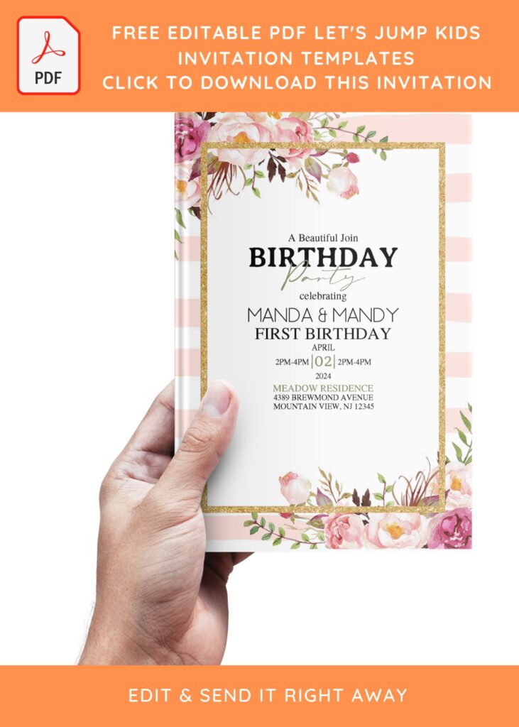 (Free Editable PDF) Gorgeous Minimalist Floral Invitation Templates with blush stripes background