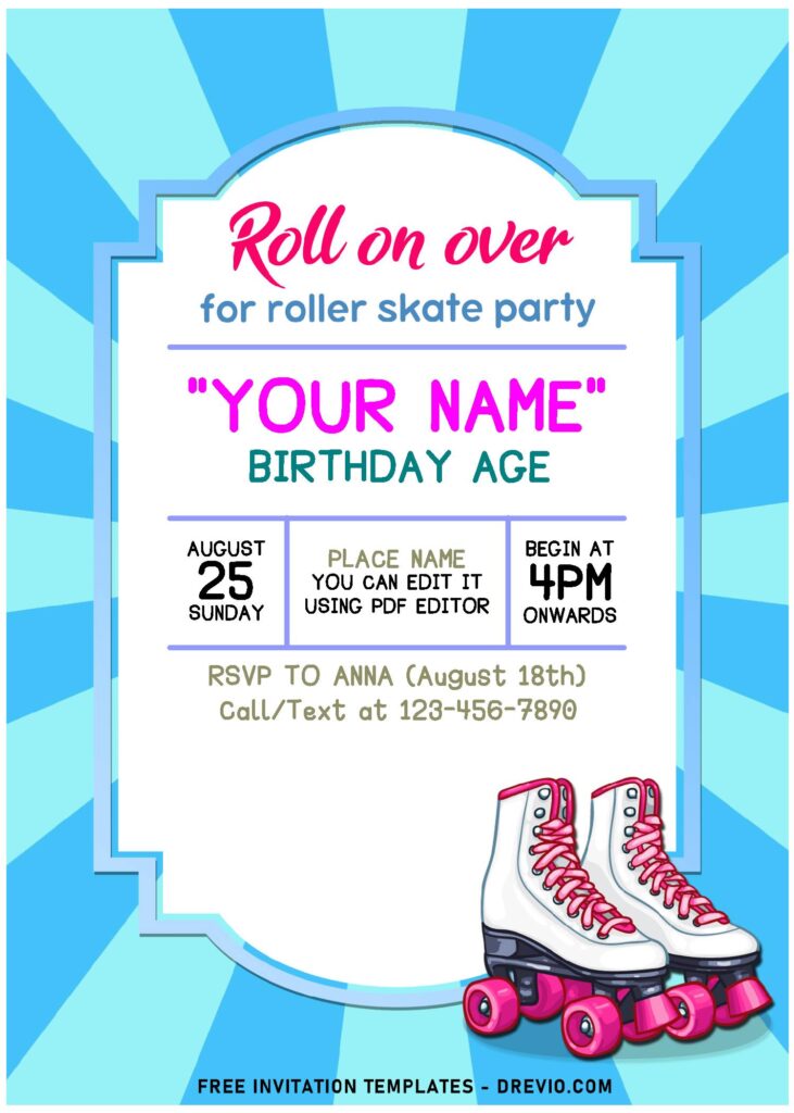 (Free Editable PDF) Simply Cute Roller Skating Party Invitation Templates