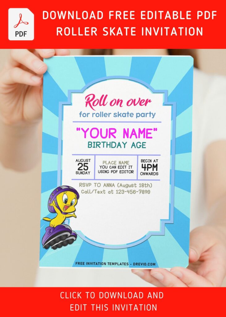 (Free Editable PDF) Simply Cute Roller Skating Party Invitation Templates with Looney Tunes' Tweeties