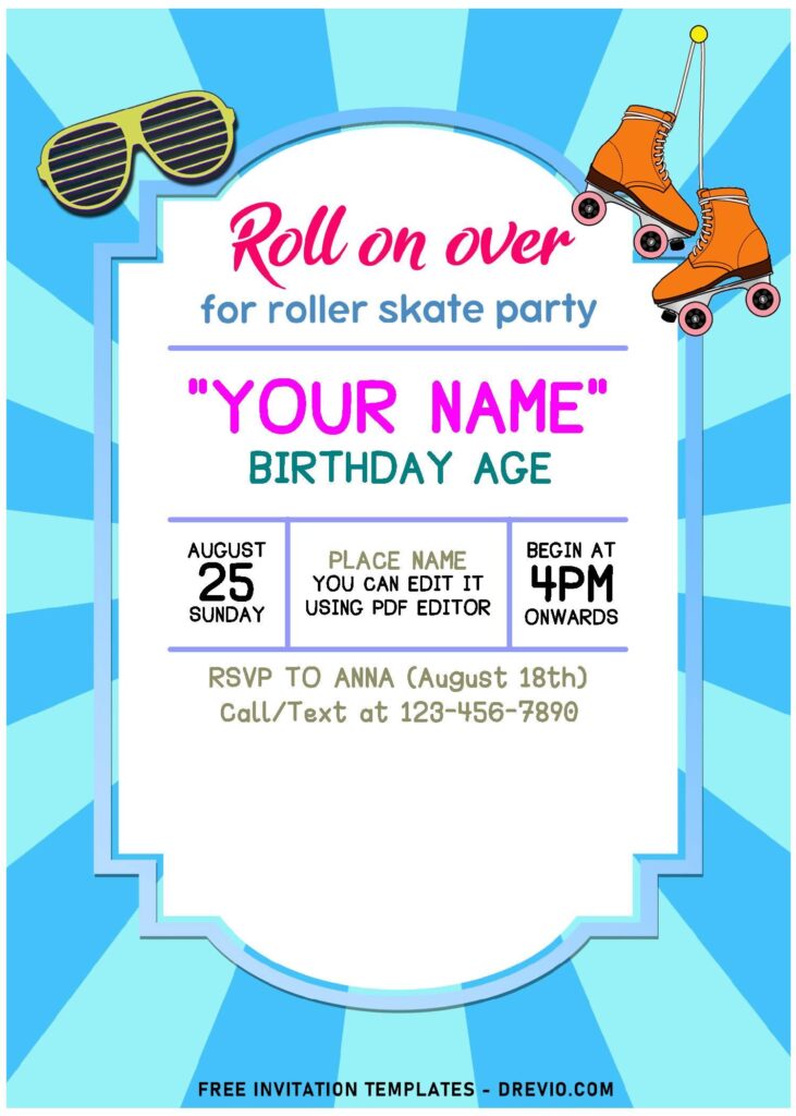 (Free Editable PDF) Simply Cute Roller Skating Party Invitation Templates with retro background design