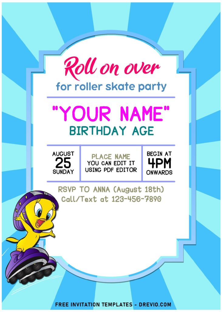 (Free Editable PDF) Simply Cute Roller Skating Party Invitation Templates with cute blue sunburst background