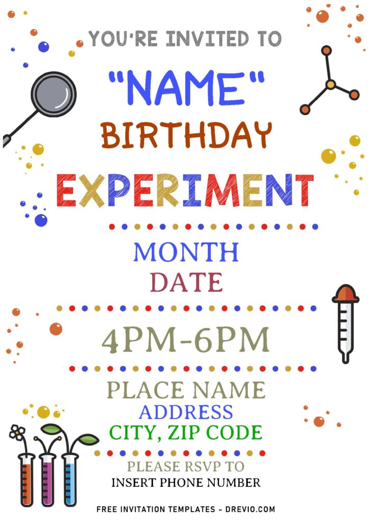 (Free Editable PDF) Explosive Fun Mad Science Party Invitation Templates with colorful and cute wordings