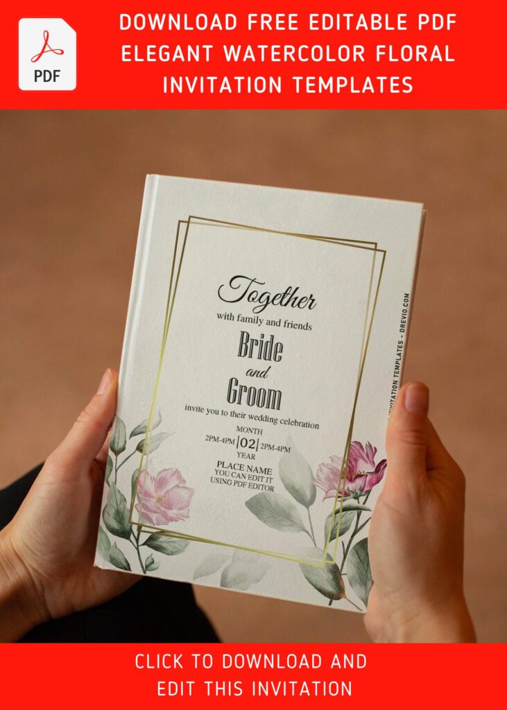 (Free Editable PDF) Chic Southern Magnolia Wedding Invitation Templates with stunning metallic gold text frame