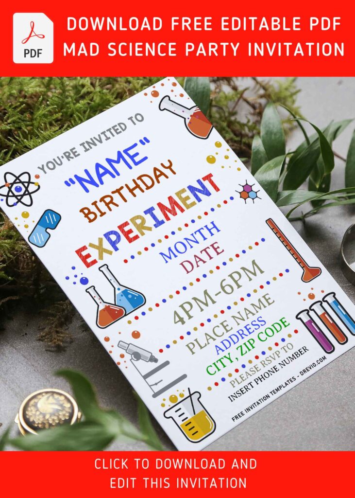 (Free Editable PDF) Explosive Fun Mad Science Party Invitation Templates with cute cartoon lab instrument