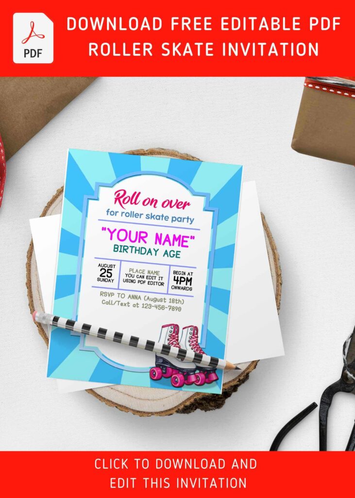 (Free Editable PDF) Simply Cute Roller Skating Party Invitation Templates with pink roller skate rink boots