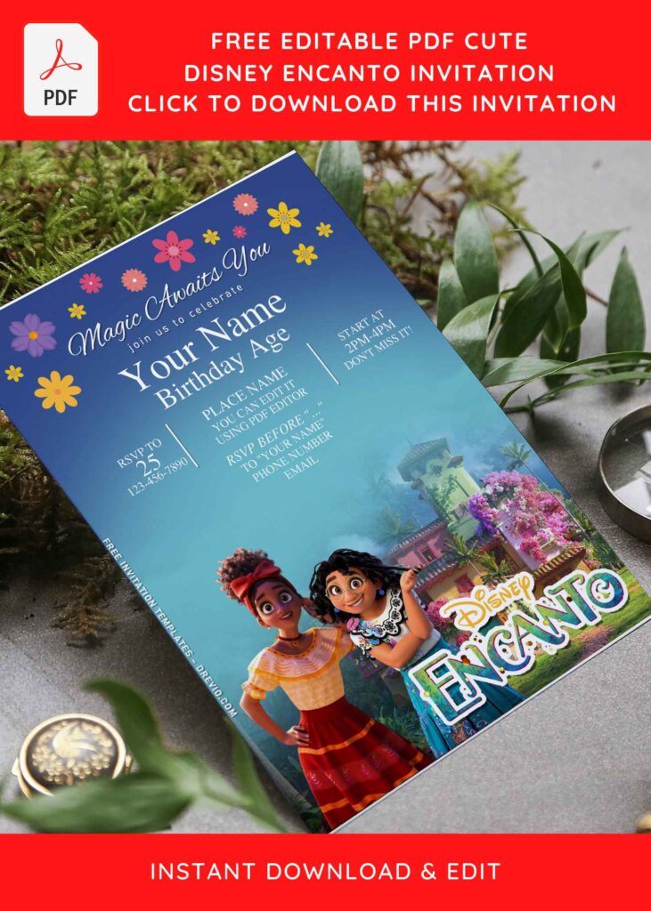(Free Editable PDF) Disney Encanto Themed Birthday Invitation Templates with Beautiful Festive Background
