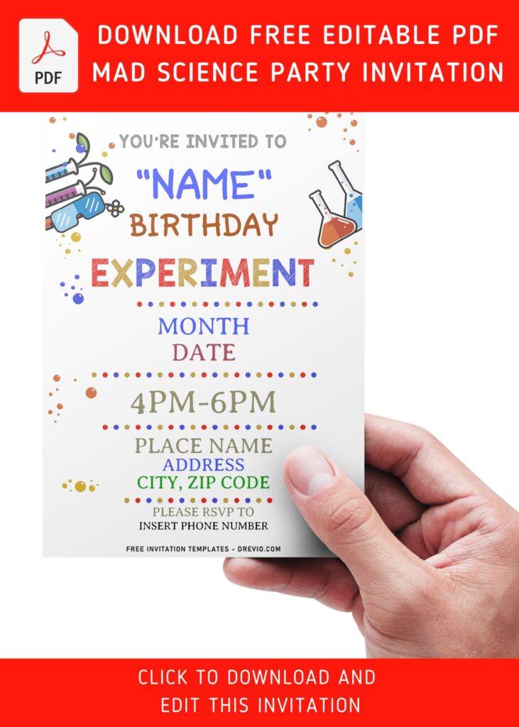 (Free Editable PDF) Explosive Fun Mad Science Party Invitation Templates with catchy wordings