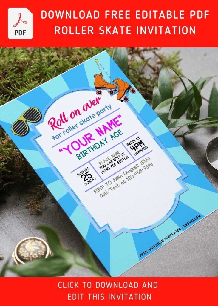 (Free Editable PDF) Simply Cute Roller Skating Party Invitation Templates with retro roller skate boots and eyeglasses