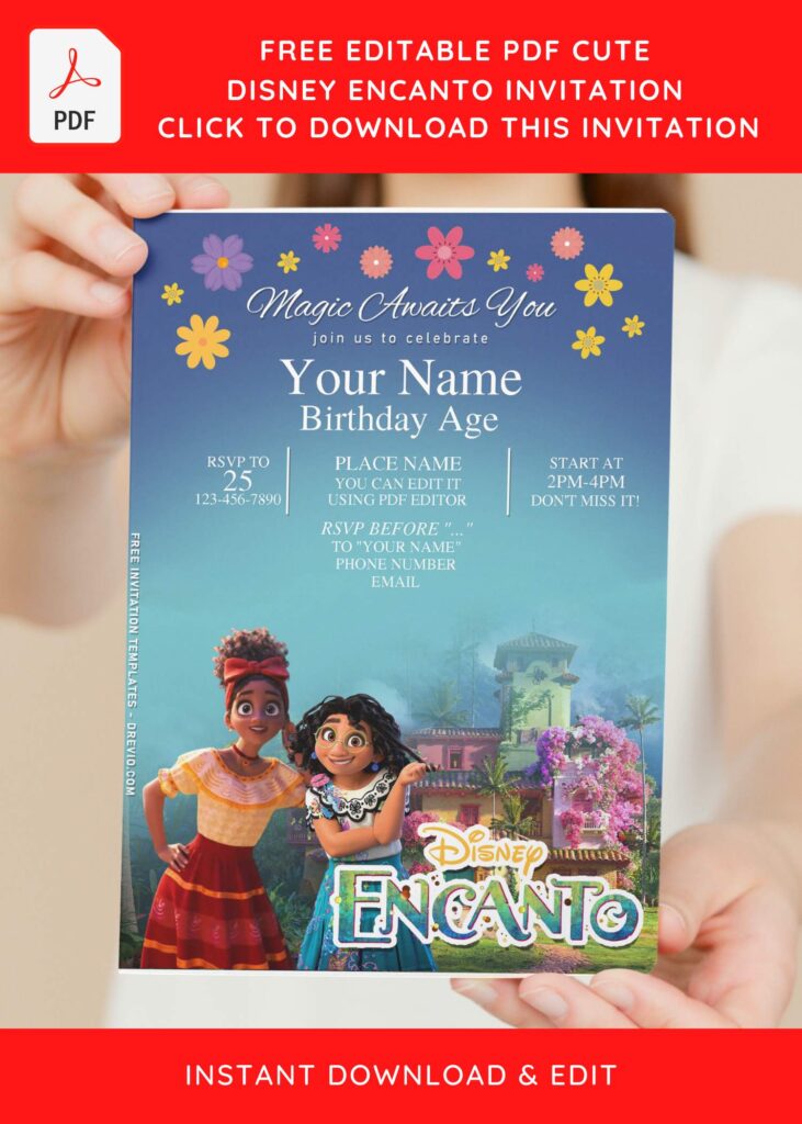 (Free Editable PDF) Disney Encanto Themed Birthday Invitation Templates with colorful flowers